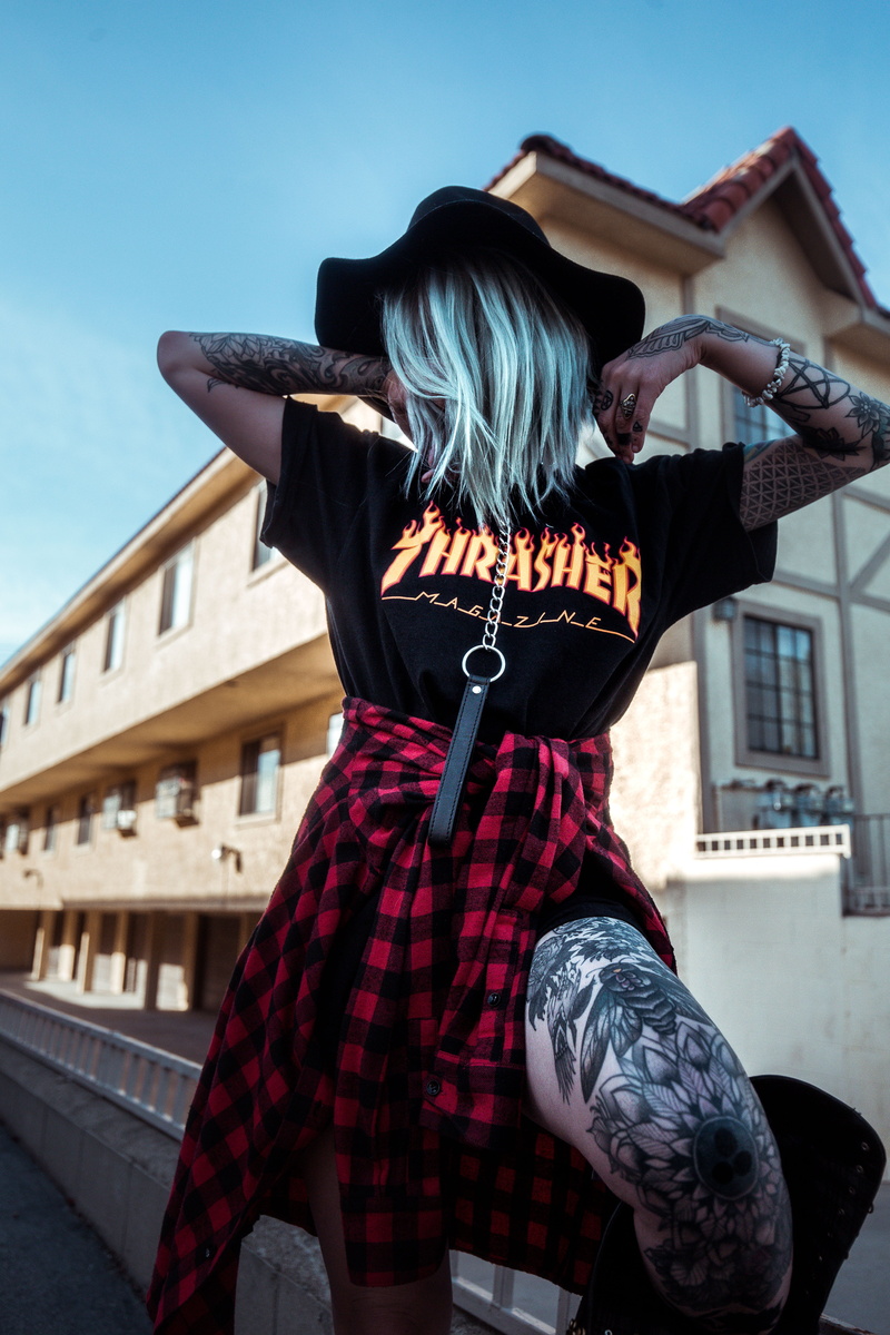 tattoo, built structure, girl, standing, three quarter length, hair, casual clothing, outdoors, adult, sunlight, lifestyles, streetwear, tat, clothing