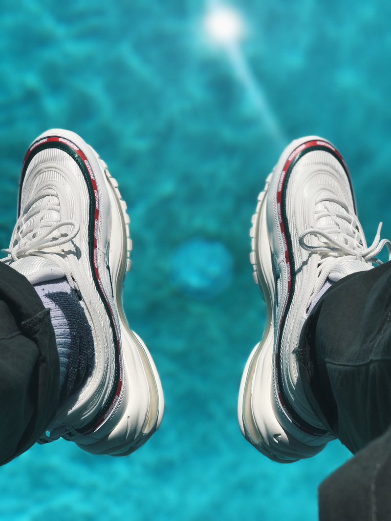 close-up, swimming, supreme, nike, 90s, airmax, swimming pool, human foot, body part, 4K, human limb, outdoors, yeezy, lifestyles, shoe, human leg, one person