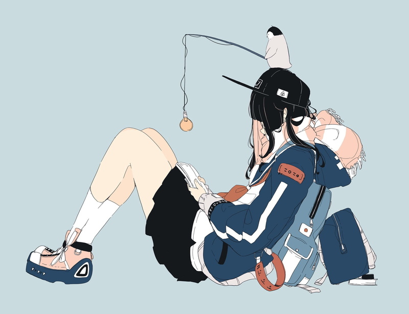 simple background, original characters, anime, 1080P, Streetwear, anime girls, blue background