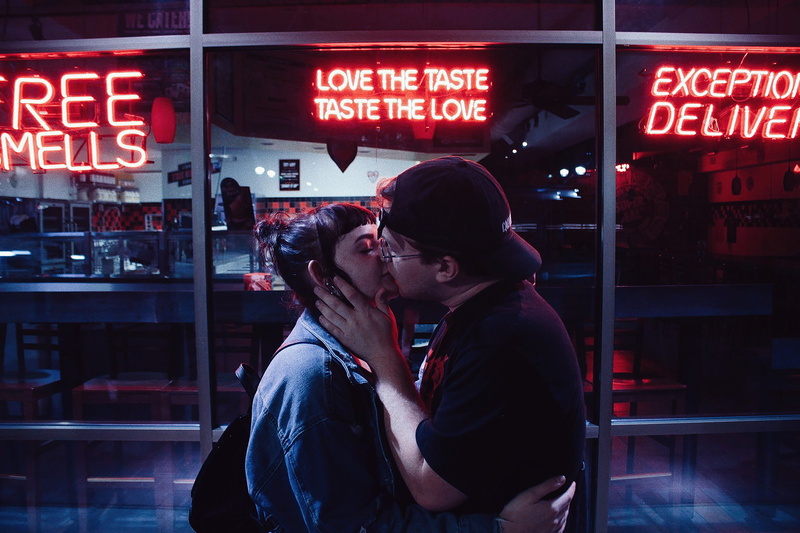 evening, people, dark, young adult, nightlife, street, business, commerce, two people, signage, lady, neon sign, outdoors, men, woman, kissing, lights