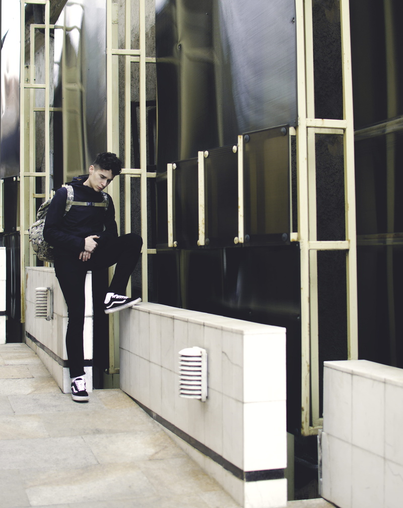 model, built structure, fashion, design, architecture, streetwear, day, young adult, holding, uniform, tumblr, indoors, full length, men, style, techwear