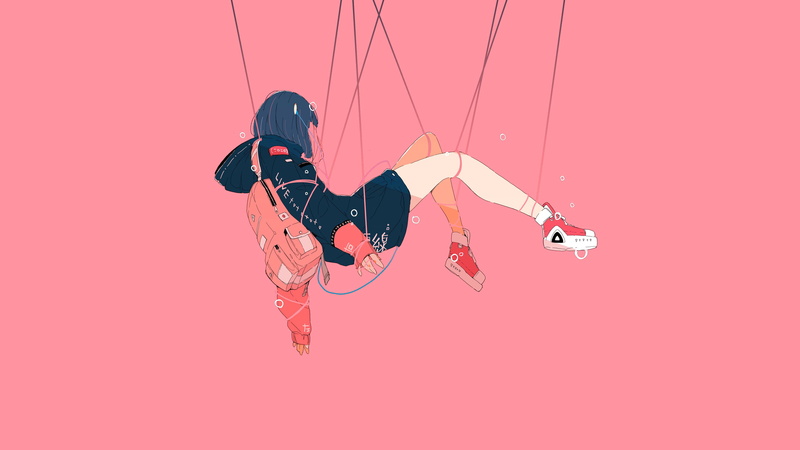 anime girls, original characters, Streetwear, anime, blue hair, pink background, 4K, floating