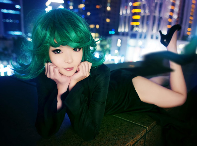 illuminated, Tatsumaki (One-Punch Man), Women, beautiful woman, indoors, bangs, One Punch-Man, beauty, nightlife, green color, looking at camera, leisure activity