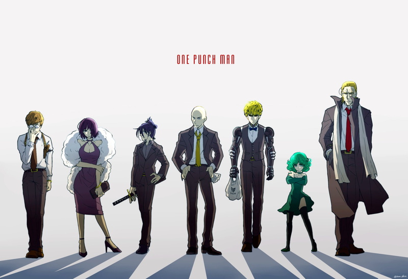 Anime, Brown Hair, Pink Eyes, Tie, Fubuki (One-Punch Man), Green Eyes, Purple Dress, Sonic (One-Punch Man), Cyborg, Shadow, Mumen Rider, 1080P, Saitama (One-Punch Man)