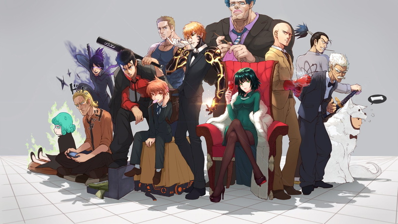 Sweats, Fubuki (One-Punch Man), Genos (One-Punch Man), Tanktop Master (One-Punch Man), Bang (One-Punch Man), full length, Orange Eyes, Baseball Bat, Sitting