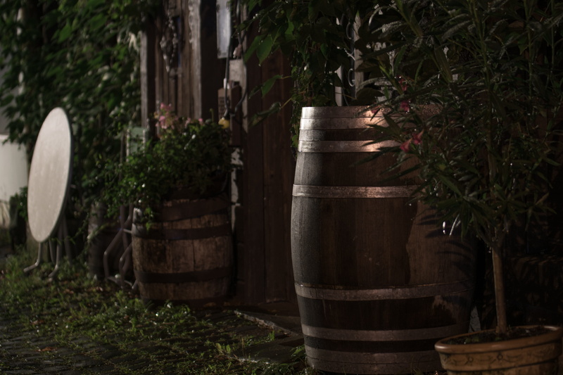 green color, green, no People, wine cask, 5K, wheel, nature, growth, Restaurant, Table, cellar, container, Barrel, plants, outdoors, day, architecture
