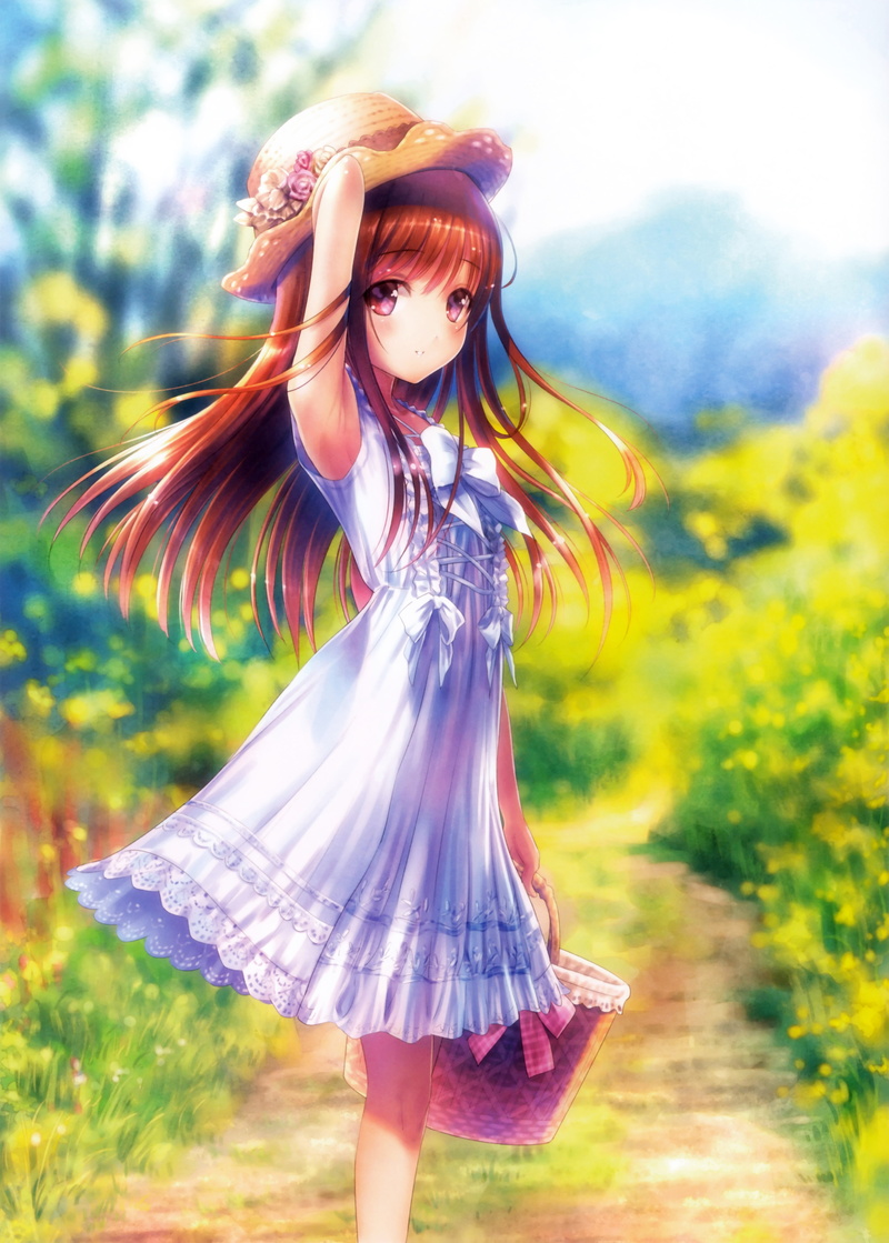 springtime, females, hairstyle, Anime, women, hair, long hair, white dress, wind, anime girl, nature, plant, young adult, beautiful people, yellow flowers
