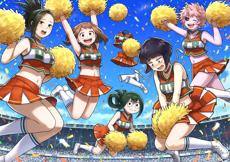 Brown Hair, ja, creativity, Blush, Cheerleader, Tsuyu Asui, Momo Yaoyorozu, Tooru Hagakure, Mina Ashido, Jump, Green Eyes, Boku no Hero Academia, fun, Socks