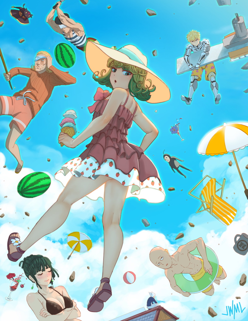 anime girls, ice cream, king, One-Punch Man, Saitama, Tatsumaki, Genos, Fubuki, 2K, black bikini