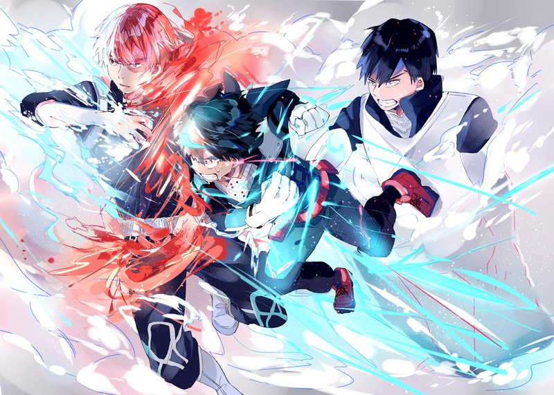 todoroki shouto, fight, high angle view, indoors, large group of objects, iida tenya, midoriya izuku, full length, real people, people, adult, lifestyles