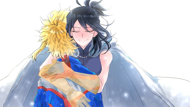 Glove, Toshinori Yagi, Costume, My Hero Academia, Anime, All Might, Nana Shimura, Blonde, Boku no Hero Academia, Black Hair, Smile, Hug, 1080P, Cape