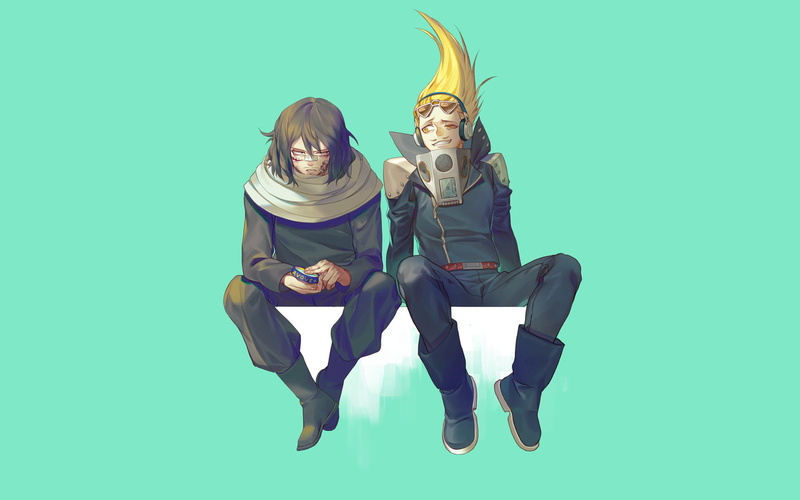 smiling, Black Hair, people, Yellow Eyes, women, young adult, Hizashi Yamada, Boku no Hero Academia, blue background, full length, Shouta Aizawa, hairstyle