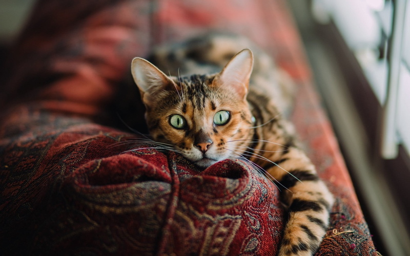 tabby, brown, vertebrate, animals, relaxation, animal eye, indoors, green eyes, focus on foreground, feline, domestic, depth of field, furniture, looking at viewer