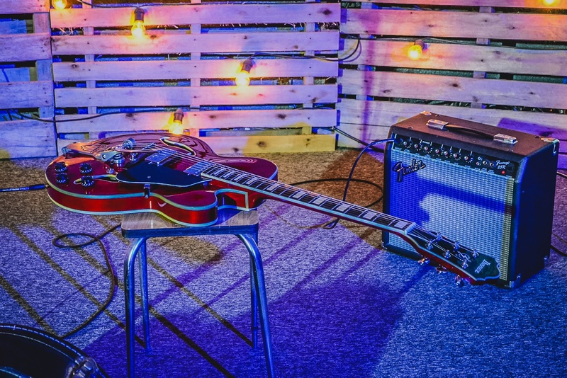 control, wire, power supply, high angle view, gretsch, equipment, sound, guitar, beside, connection, lighting, stage, blue, music, multi colored, still life