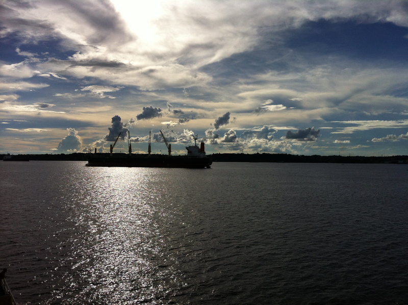 blue sky, amazonas, crane - construction machinery, industry, scenics - nature, sea, cloud - sky, water, freight transportation, architecture, reflection