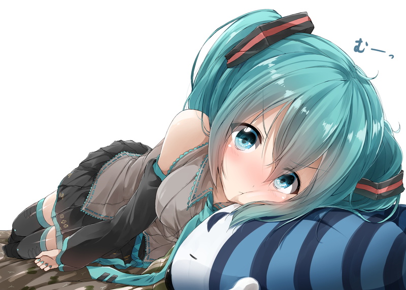 white background, young women, day, clear sky, lying down, indoors, real people, sky, close-up, pillow, portrait, looking at camera, aqua hair, hatsune miku
