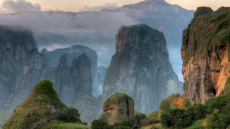 outdoors, horses, non-urban scene, eroded, rock - object, two, 1080P, formation, mountain range, rock formation, tree, tranquility, landscape, tranquil scene