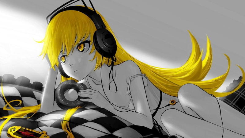 headphones, 720P, arts culture and entertainment, black color, creativity, one person, Oshino Shinobu, yellow eyes, yellow, lifestyles, PSP, anime, pattern