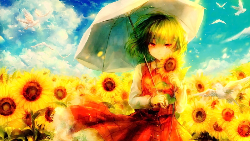 1080P, cute, portrait, day, leisure activity, birds, lifestyles, anime, red eyes, sky, digital composite, childhood, child, anime girls, girls, clouds