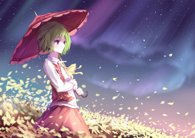 720P, anime, jacket, hair, short hair, Kazami Yuuka, shirt, sky, pink color, young women, women, umbrella, clothing, fashion, green hair, young adult