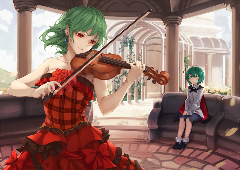 costume, mask, violin, lifestyles, sitting, socks, people, musical instrument, indoors, disguise, red eyes, artist, Touhou, real people, dress, string instrument