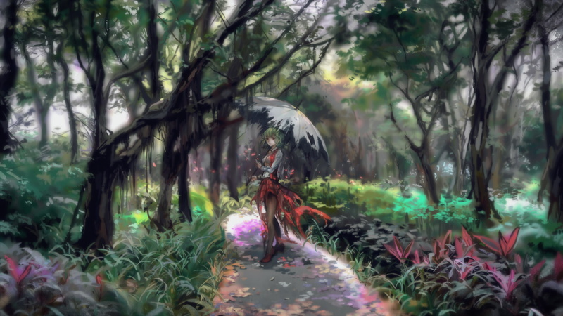 plant, park, kazami yuuka, land, tree, 1080P, forest, people, old umbrella, beauty in nature, vertebrate, real people, growth, adult, nature, women, Anime