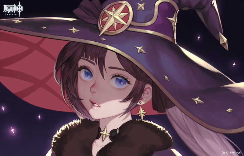 artwork, video games girls, fan art, Genshin Impact, video game characters, hat, Ki Min-Woo, brunette, illustration, digital art, 1080P, blue eyes, women