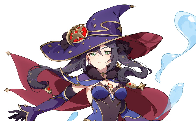 blue eyes, anime, anime girls, Mona (Genshin Impact), anime games, long hair, witch hat, purple hair, water drops, video game girls, video game art, cape