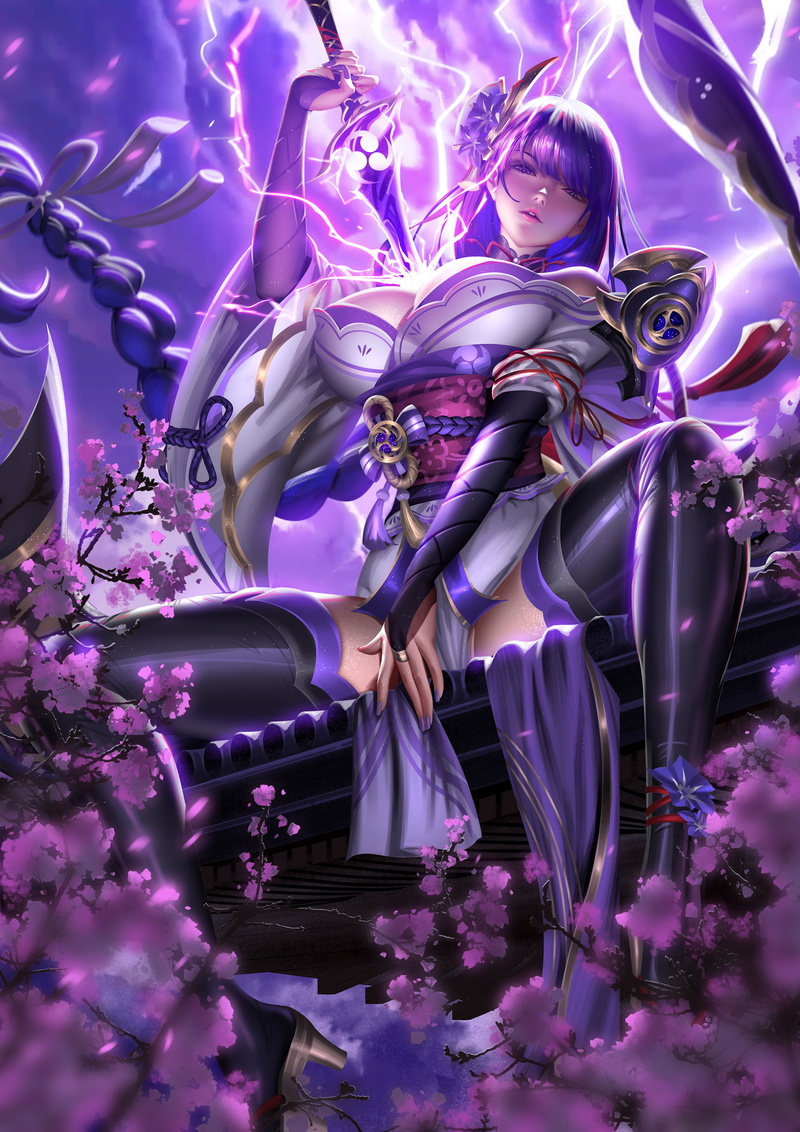 drawing, looking at viewer, purple hair, illustration, anime, Raiden Shogun (Genshin Impact), anime girls, long hair, fan art, Liang-Xing, video games
