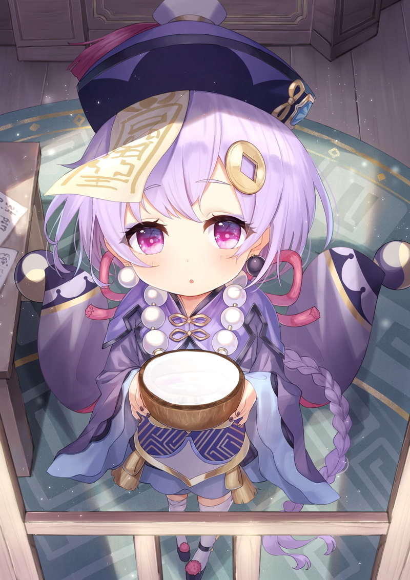 purple hair, braided hair, carpet, knee high socks, pink eyes, beads, video game girls, Genshin Impact, coconut milk, window, fan art, 1080P, sunlight