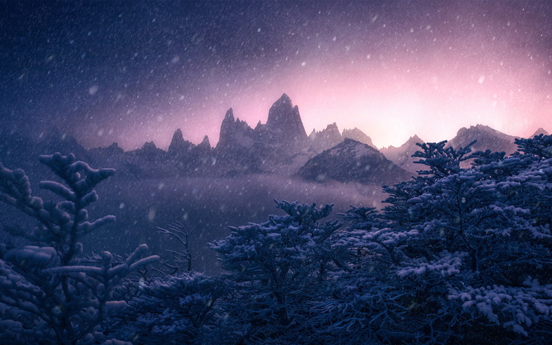Fitz, Winter, 2K, Trees, Snow, Roy, Andes, Dusk, Argentina, Mountains, Mount
