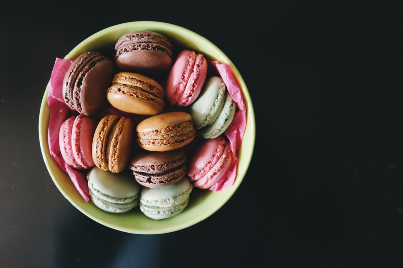 black background, indoors, cookie, macaron, temptation, studio shot, baked, pastry, variation, sweet, directly above, ready-to-eat, yellow, colors, multi Colored
