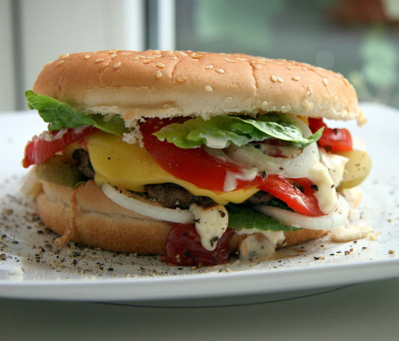 indulgence, unhealthy eating, bread, bun, 480P, salad, fruit, snack, vegetable, no people, close-up, food and drink, burger, ready-to-eat, tomatoes, take out food