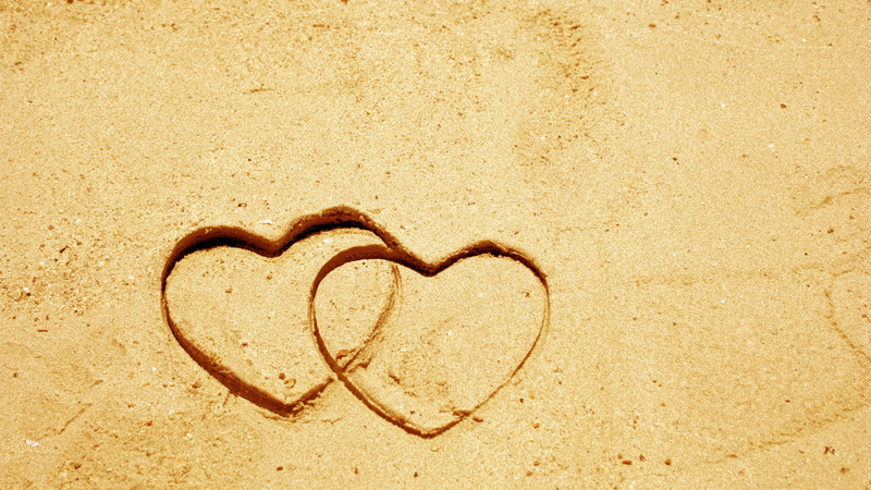 hearts, high angle view, heart shape, nature, sand, land, positive emotion, brown, sunlight, love, close-up, two, heart, outdoors, beach, emotion, valentines day - holiday