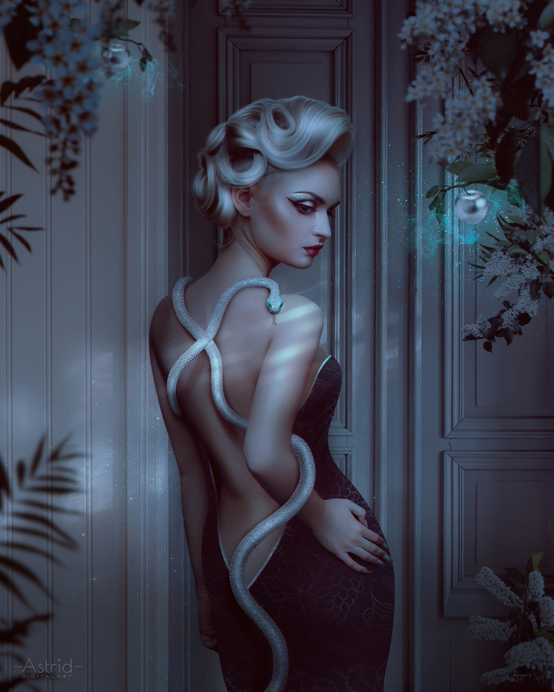 Anna Astrid, snake, digital art, digital painting, back, backless, drawing, blonde, women, 1080P, Backless Clothing, artwork, dress, white hair, flowers