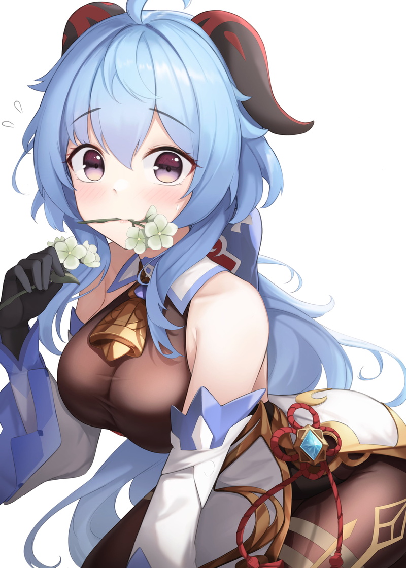 bareback, flowers, eating, Genshin Impact, Ganyu (Genshin Impact), 2K, anime girls