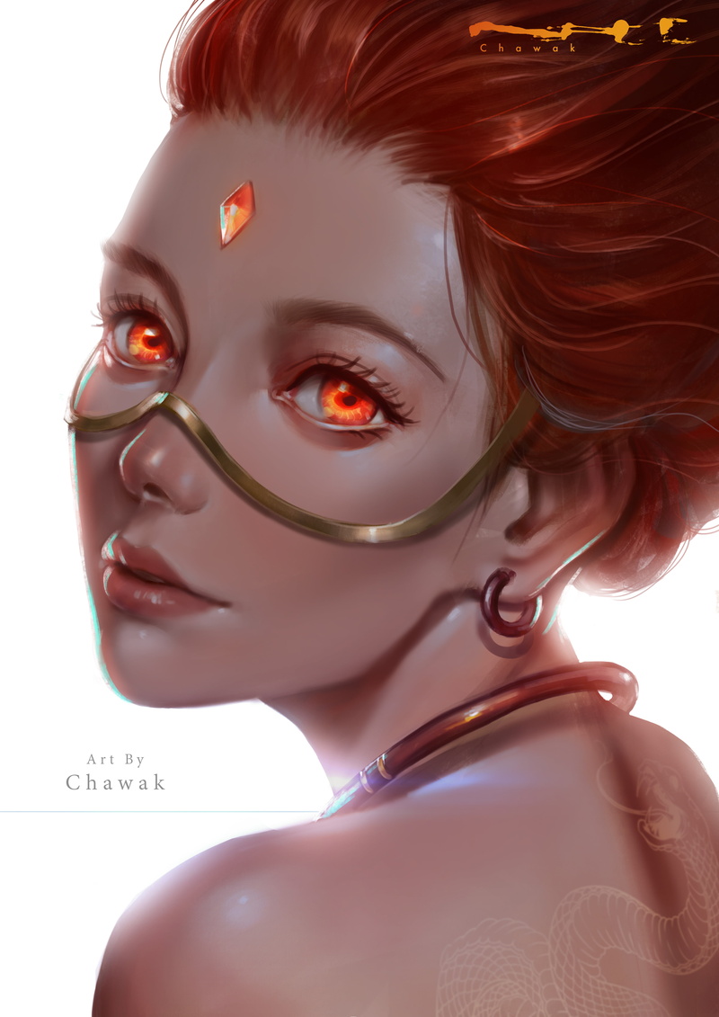 redhead, back, digital painting, bareback, portrait, digital art, looking back, red eyes, artwork, women, white background, portrait display, 4K, drawing