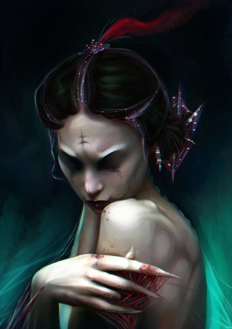 ArtStation, artwork, women, Artyom Kamaev, vertical, drawing, portrait display, dark hair, 2K, bareback