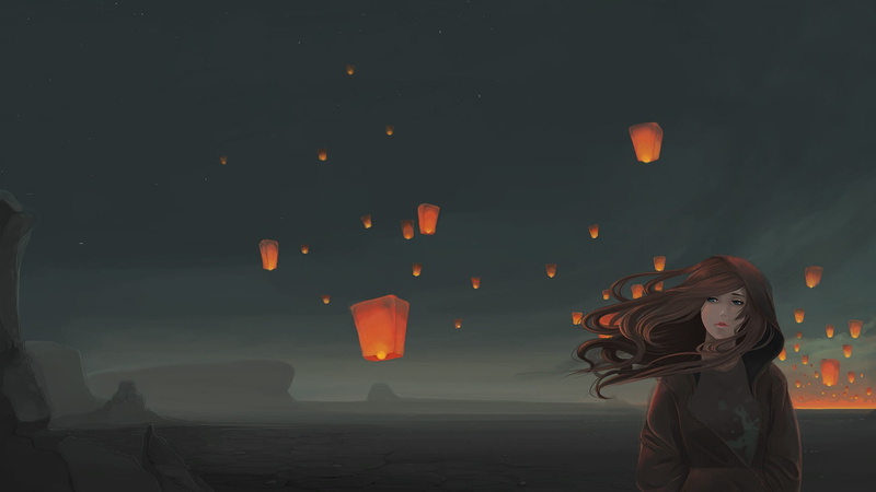 original characters, lifestyles, adult, haired, casual clothing, 1080P, sky lanterns, women, hairstyle, long hair, waist up, real people, night