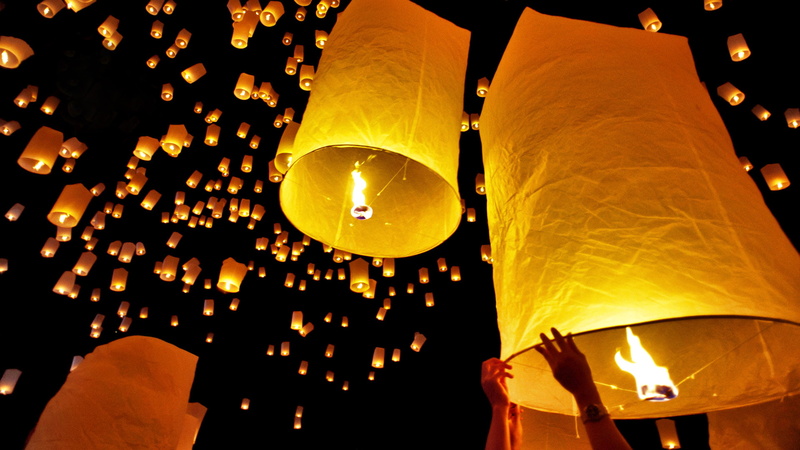 night, lights, Loy Krathong, Chiang Mai, the sky, 1080P, lanterns, Thailand