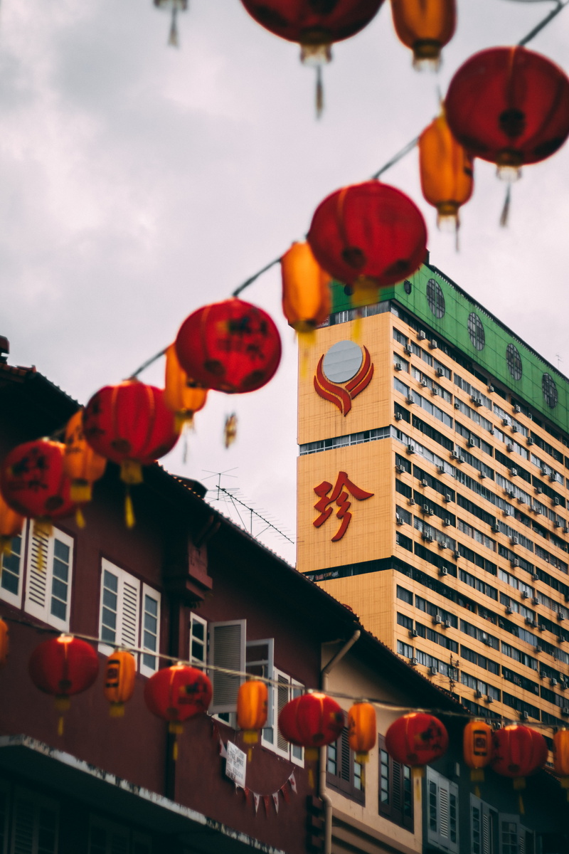 spoke, building, market, hanging, neighborhood, daytime, building exterior, chinese, city, office building, 5K, low angle view, festival, ball, lantern