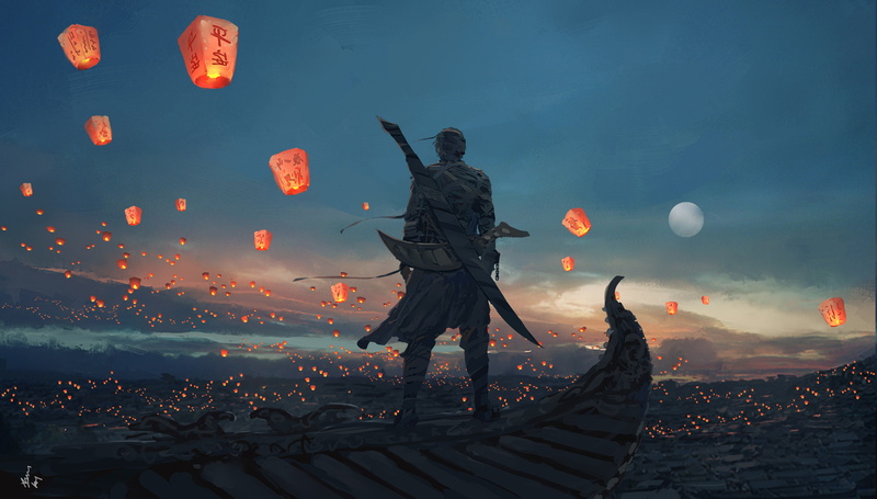 candles, sword, outdoors, standing, full length, Moon, men, nature, one person, WLOP, 4K, sunset, digital art, representation, digital composite, real people