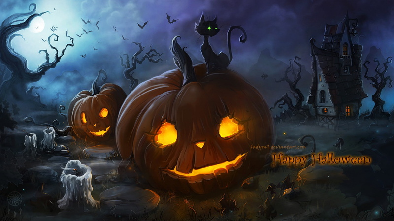 Moon, Halloween, candles, 1080P, glowing eyes, fantasy art, cat, spooky, pumpkin, night