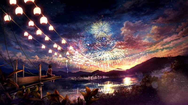 illuminated, beauty in nature, no people, anime girls, arts culture and entertainment, motion, anime, fireworks, water, firework - man made object, lantern