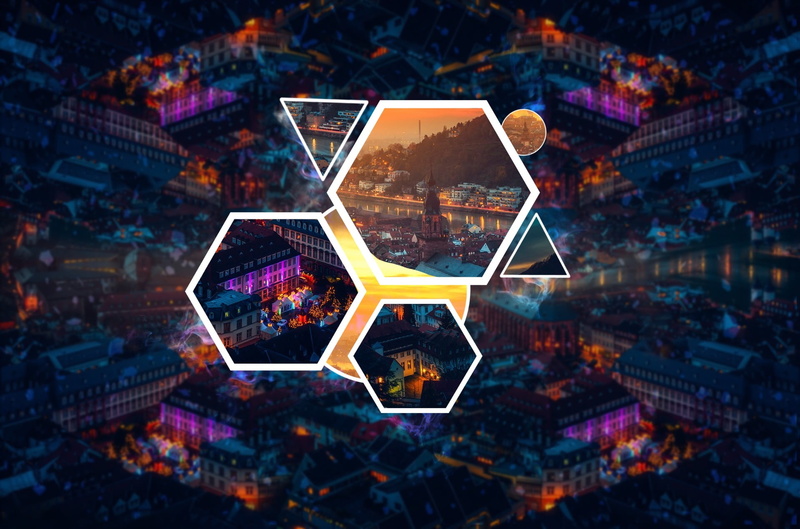triangle, outdoors, shape, communication, high angle view, night, multi colored, cityscape, architecture, digital composite, no people, illuminated, castle