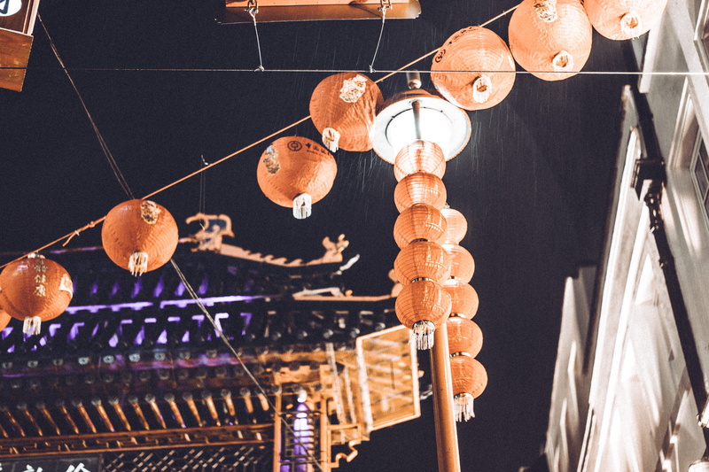 lighting equipment, built structure, no people, illuminated, paper lantern, blue, low, string of light, celebration, low angle view, ceiling, rope, light