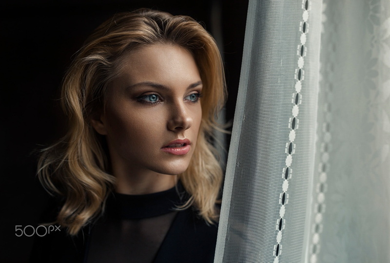blue eyes, beauty, beautiful woman, beautiful people, young women, 500px, 1080P, fashion, women, one person, indoors, hair, black background, blonde, looking at camera