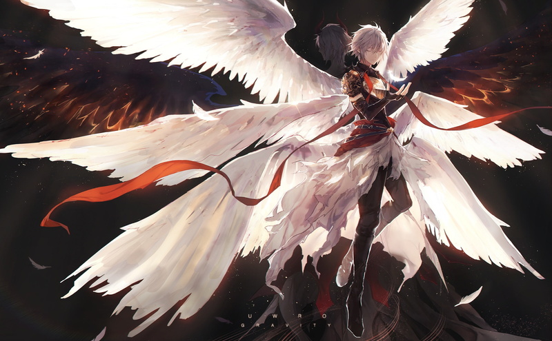 fantasy), scarf, fantasy, short, gloves, hair, (granblue, granblue, horns, feathers, 262041, all, white, 1080P, lucifer, male, wings, watermark, uwro
