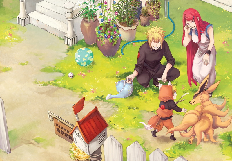 Naruto, Kyūbi (Naruto), namikaze, Minato Namikaze, minato, 1080P, Anime, Kushina Uzumaki, illustration, Naruto Uzumaki