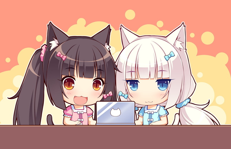 chibi, 256747, bow, konachan, fang, smile, blush, brown, game, neko, cat, white, 2girls, 720P, orange, twintails, long, works, aqua, com, nekopara, hair